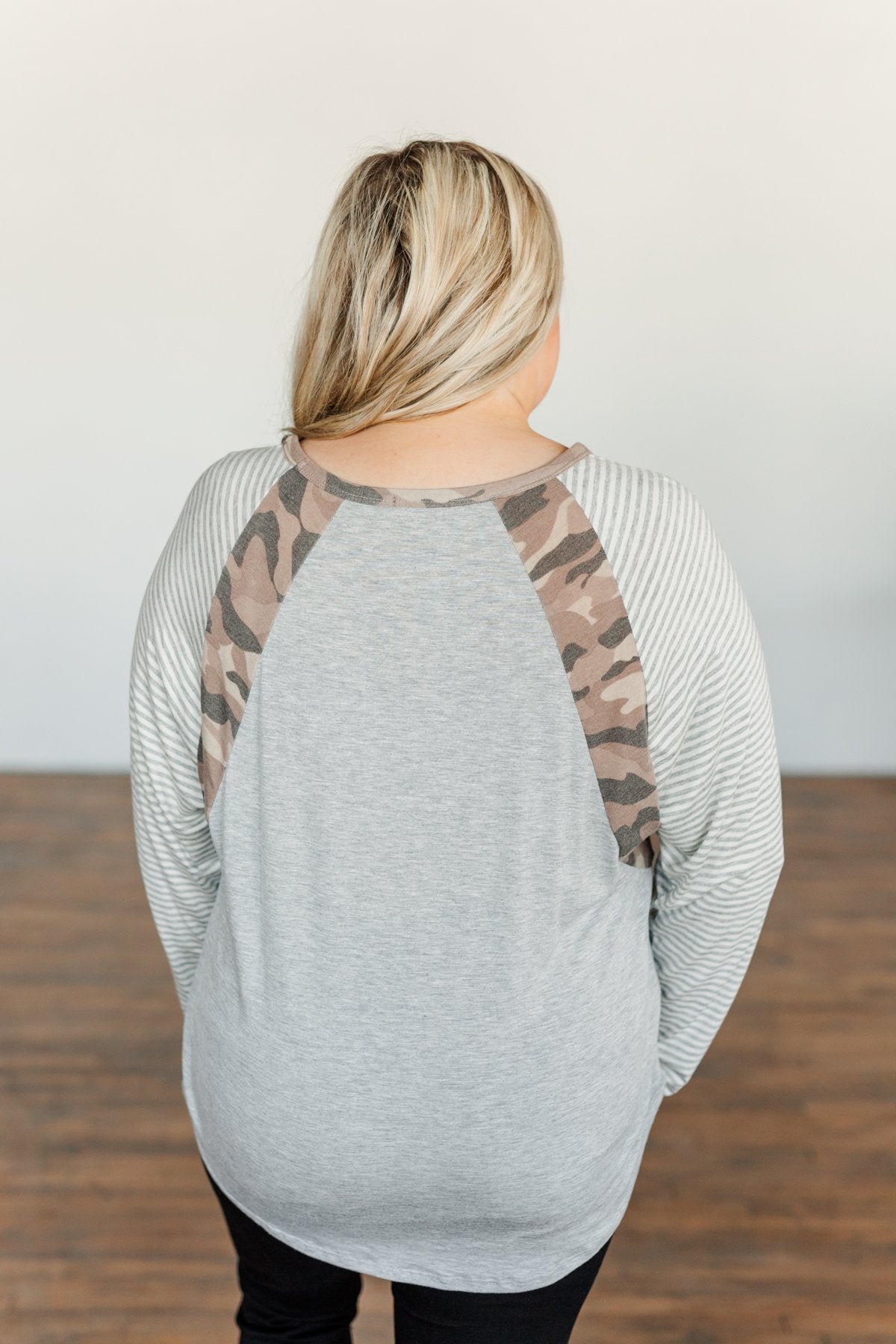 Just Around The Bend Color Block Top- Grey & Camo