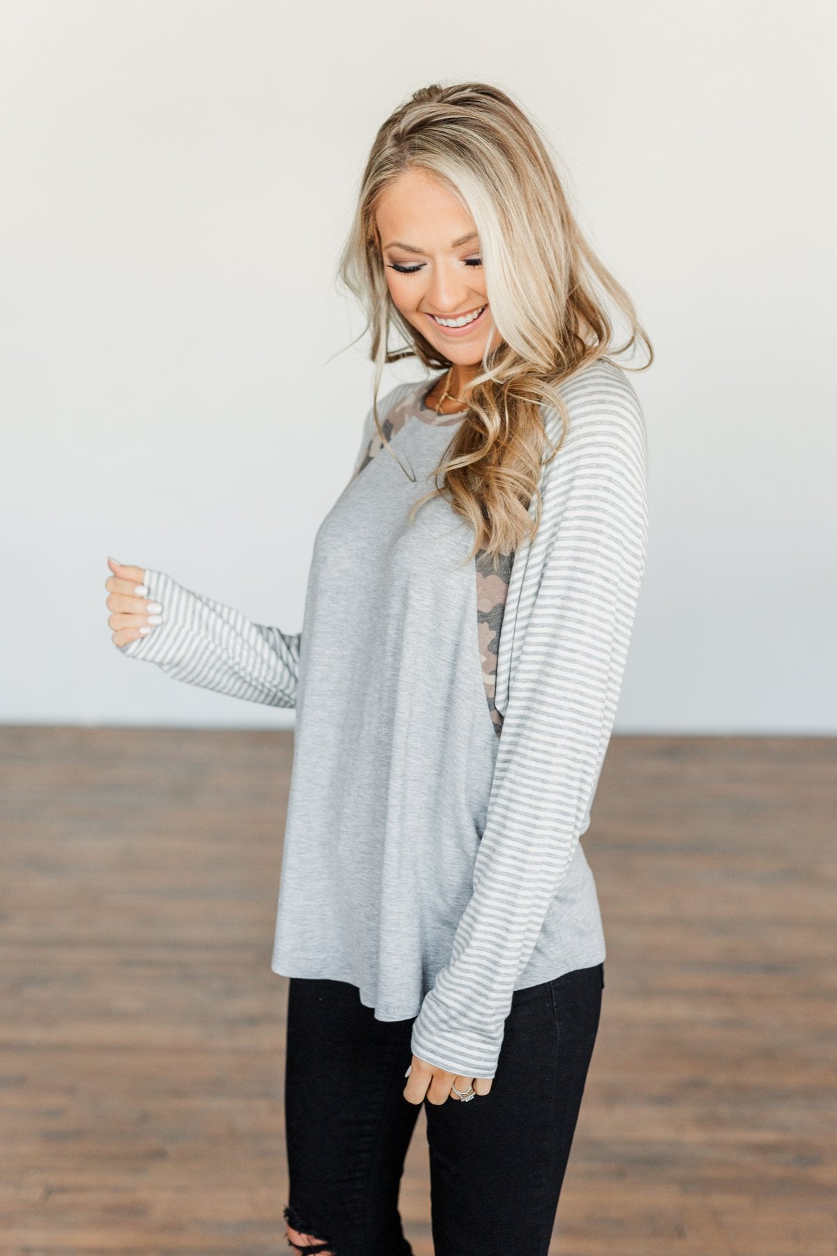 Just Around The Bend Color Block Top- Grey & Camo