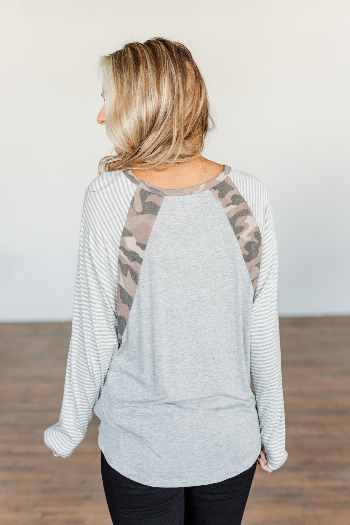 Just Around The Bend Color Block Top- Grey & Camo