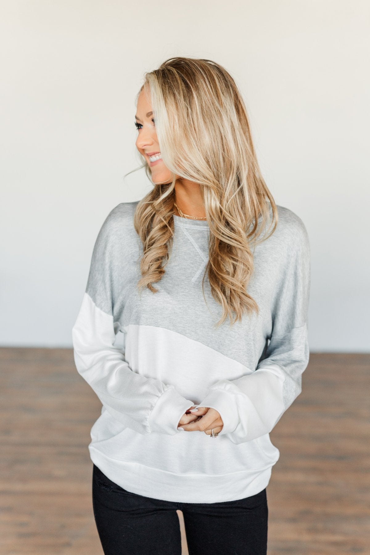 Memory Filled Moments Color Block Top- Grey & Ivory