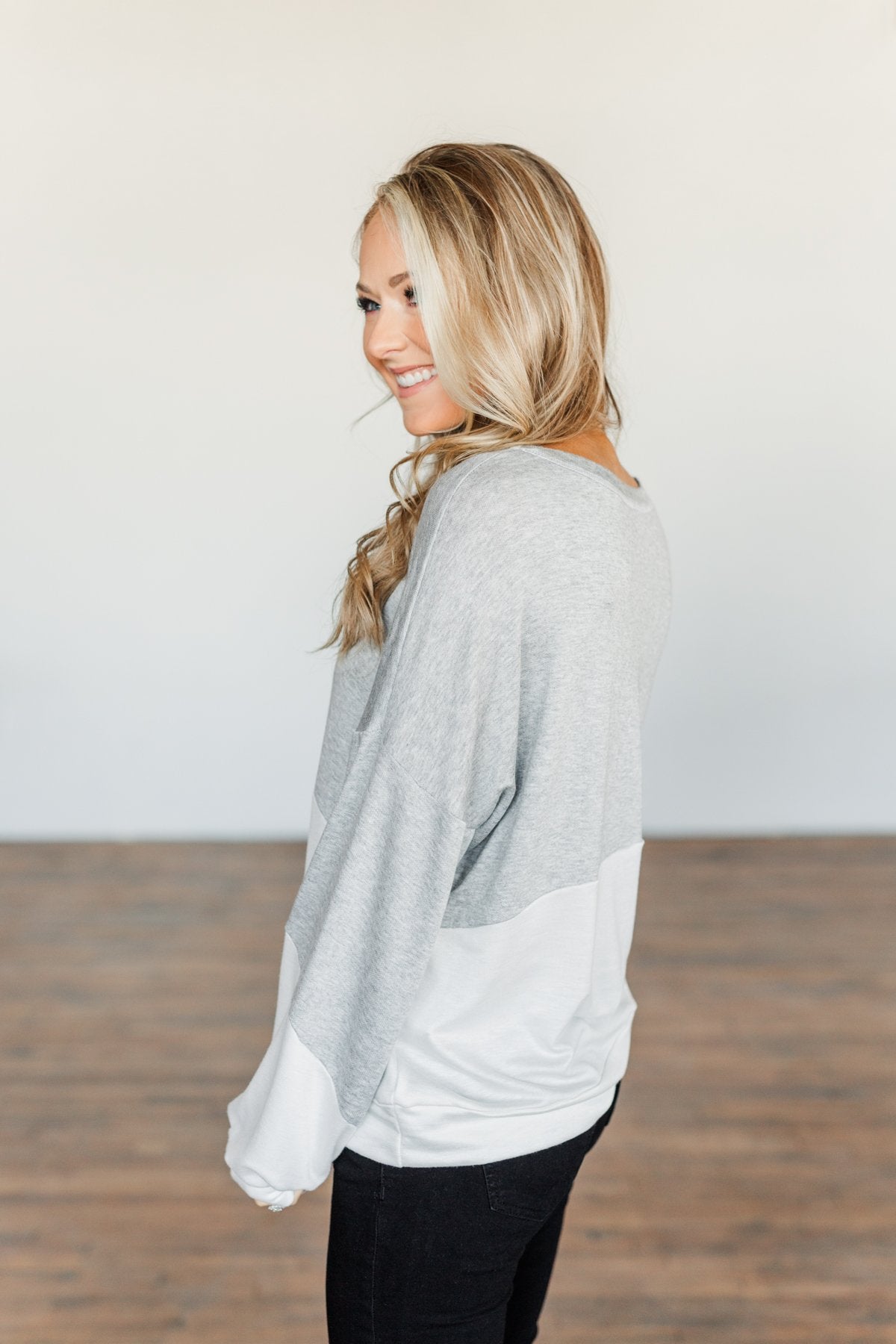 Memory Filled Moments Color Block Top- Grey & Ivory