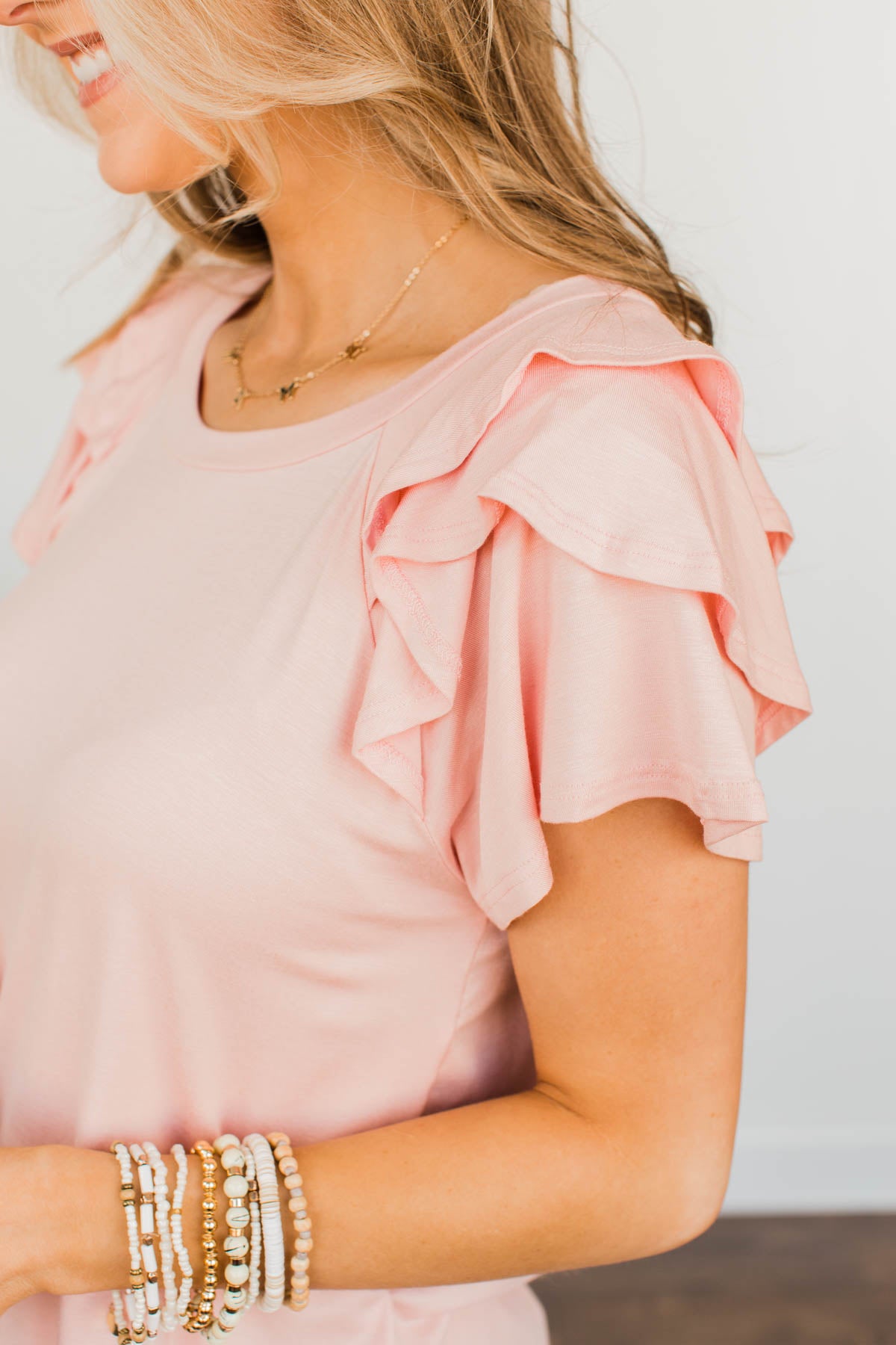 Almost There Tiered Flutter Sleeve Shirt- Light Pink