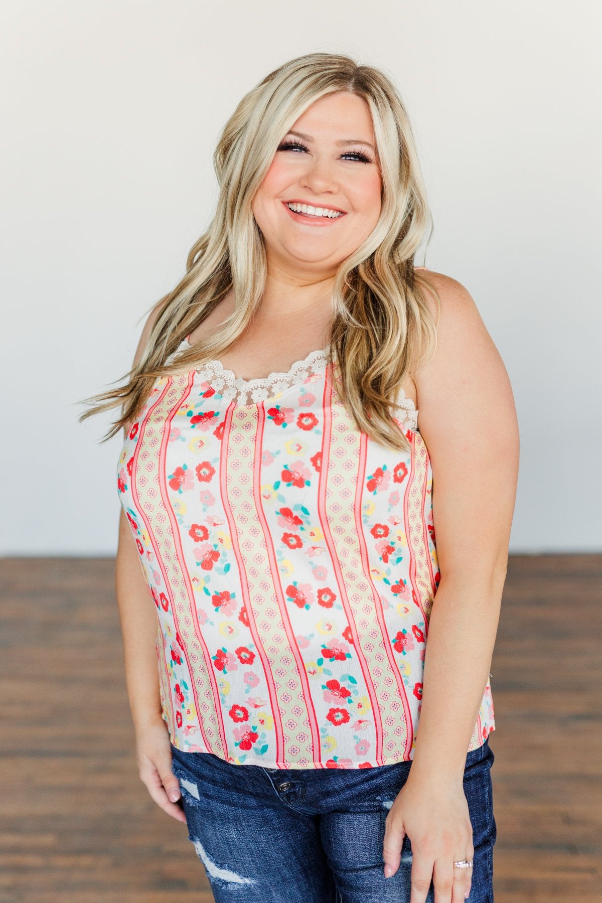 Dancing Through The Dandelions Floral Tank- Ivory, Coral, & Yellow