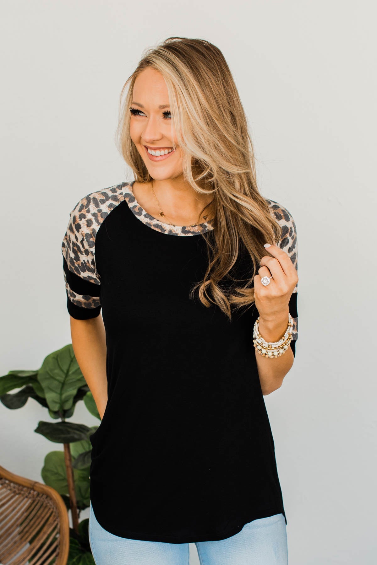 Midnight Retreat Short Sleeve Top- Black & Leopard