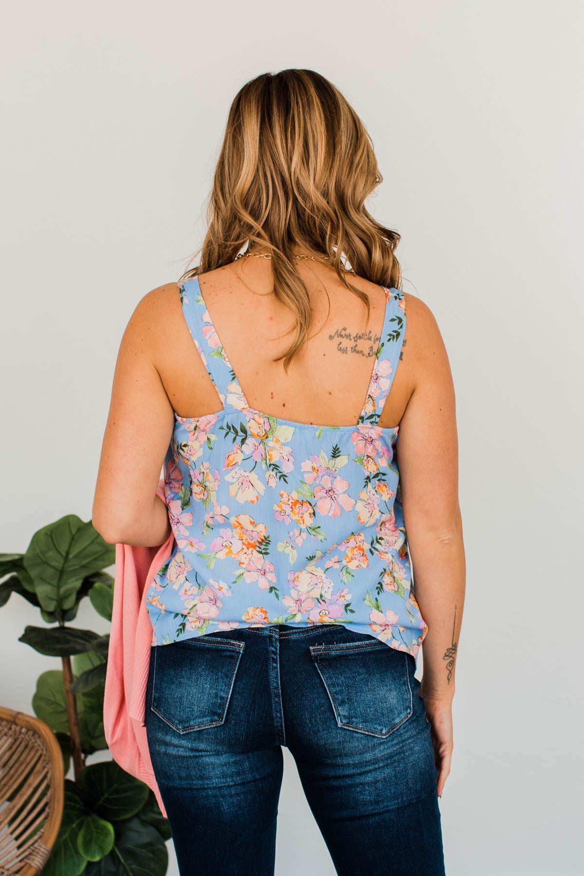 Floral Happiness Pleated Tank Top- Light Blue