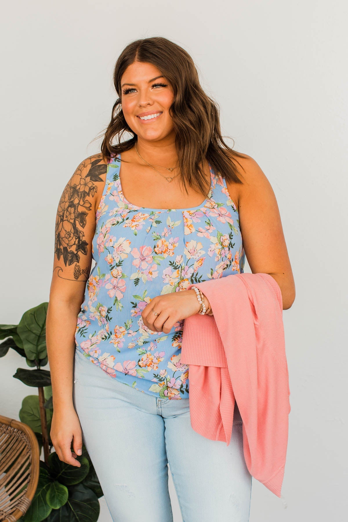 Floral Happiness Pleated Tank Top- Light Blue