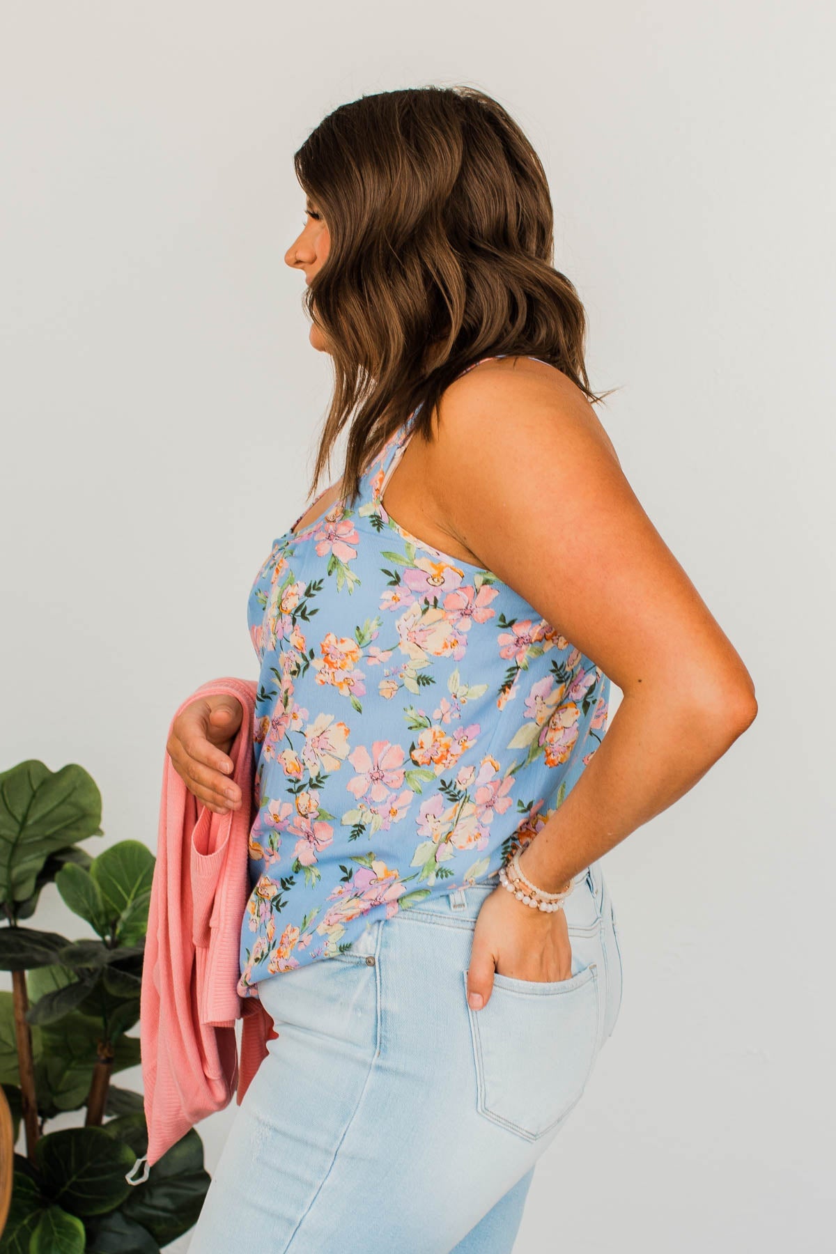 Floral Happiness Pleated Tank Top- Light Blue
