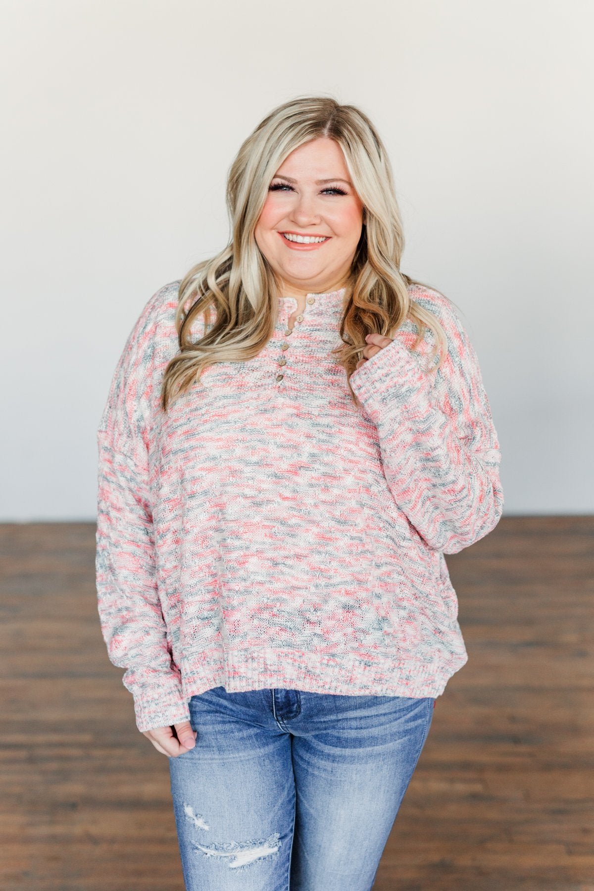 Feeling Blessed Button Knit Sweater- Ivory, Coral, & Blue