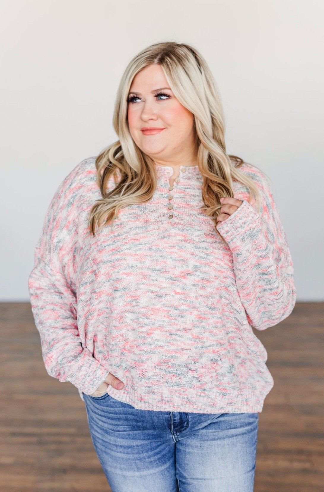 Feeling Blessed Button Knit Sweater- Ivory, Coral, & Blue