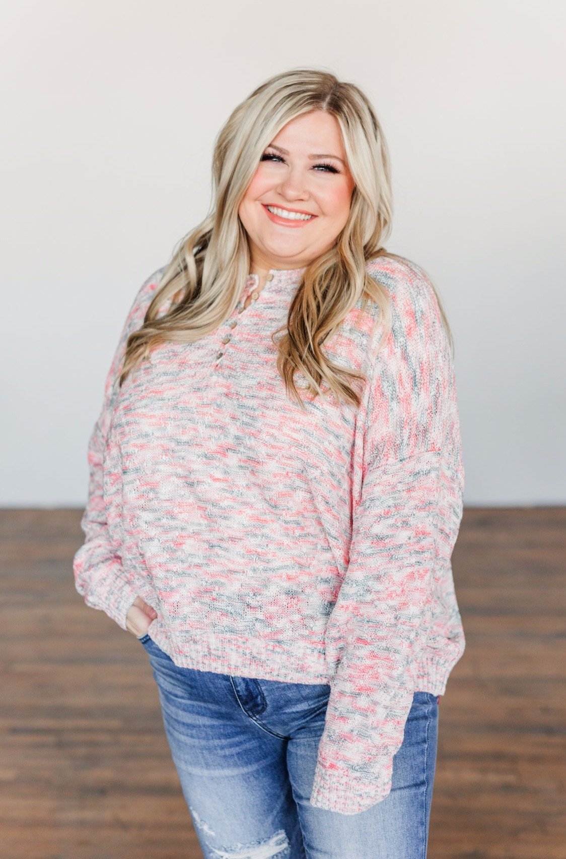Feeling Blessed Button Knit Sweater- Ivory, Coral, & Blue