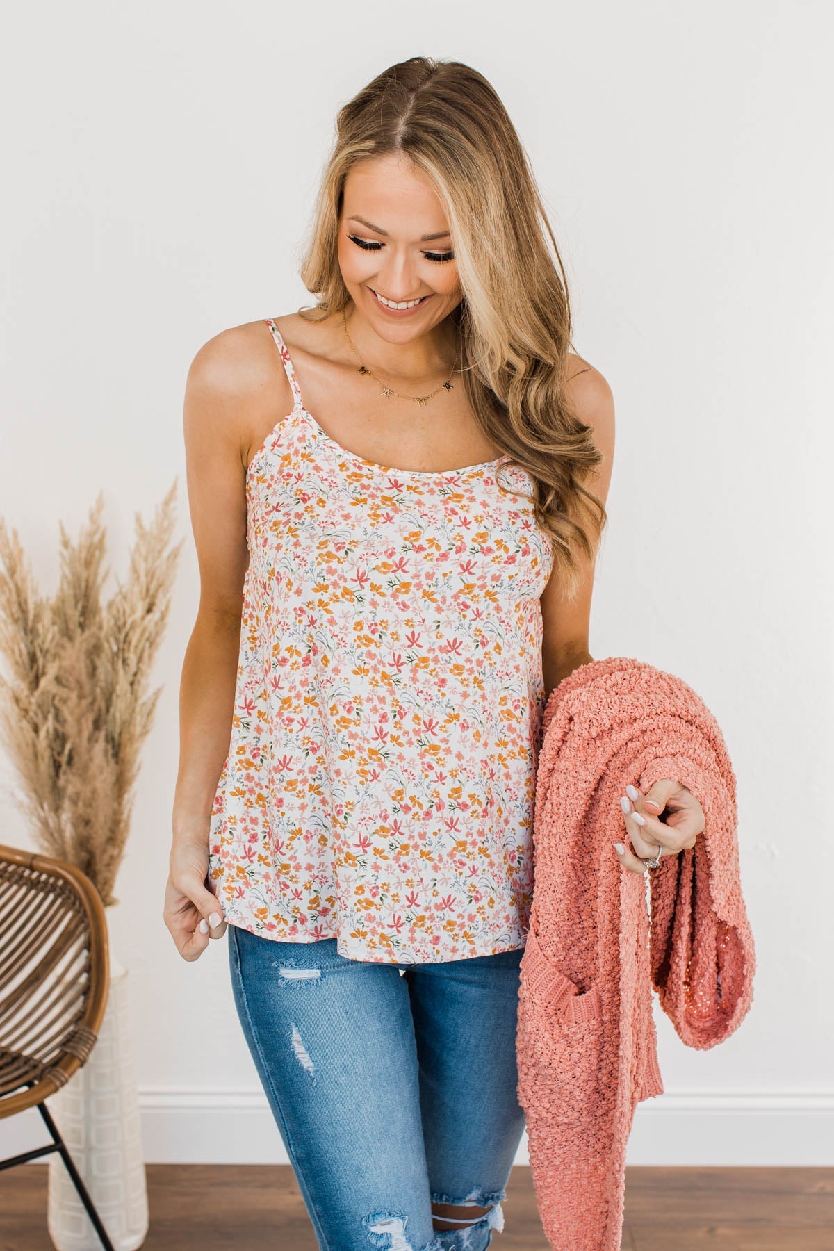 The Cutest Flower In The Field Floral Tank Top- Ivory