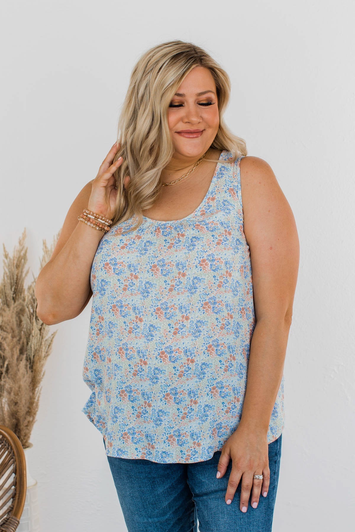 Morning Meadows Floral Tank- Blue & Coral
