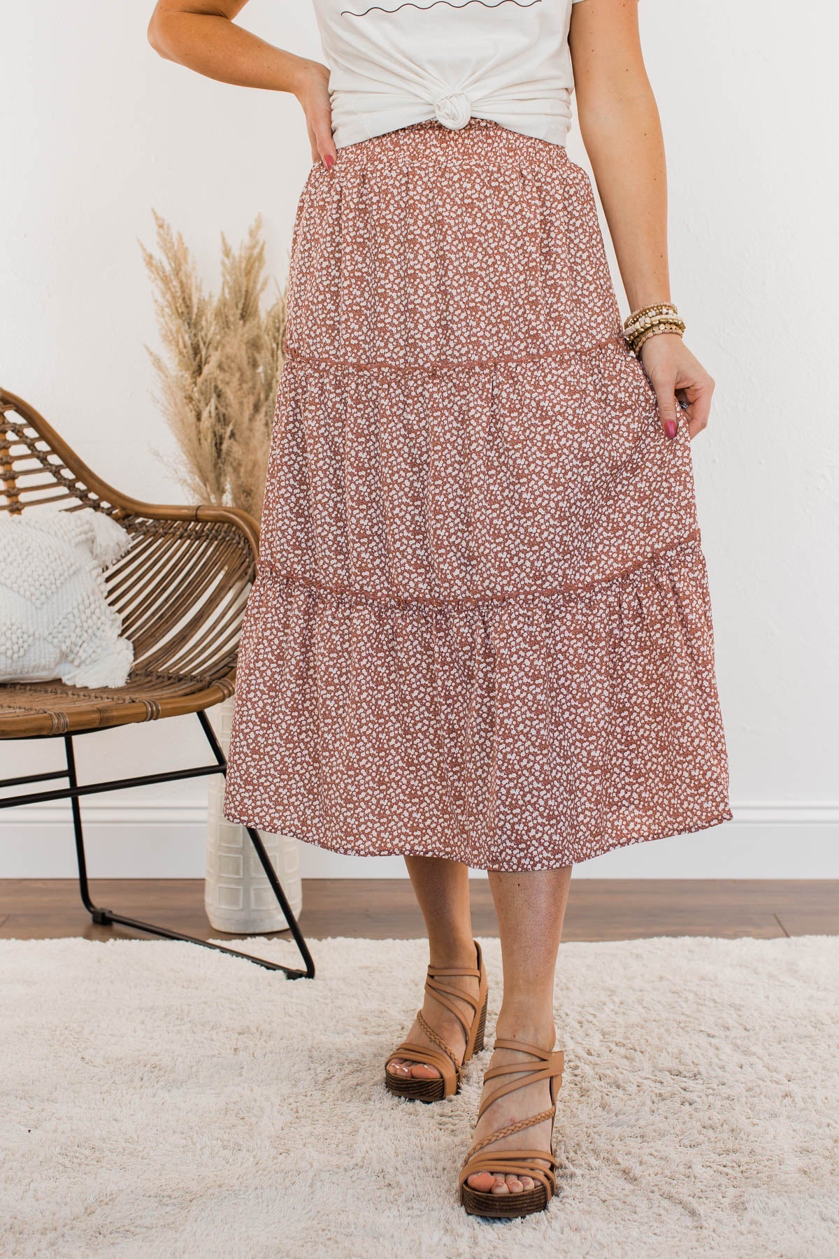 Walk Through The Prairie Floral Skirt- Rust