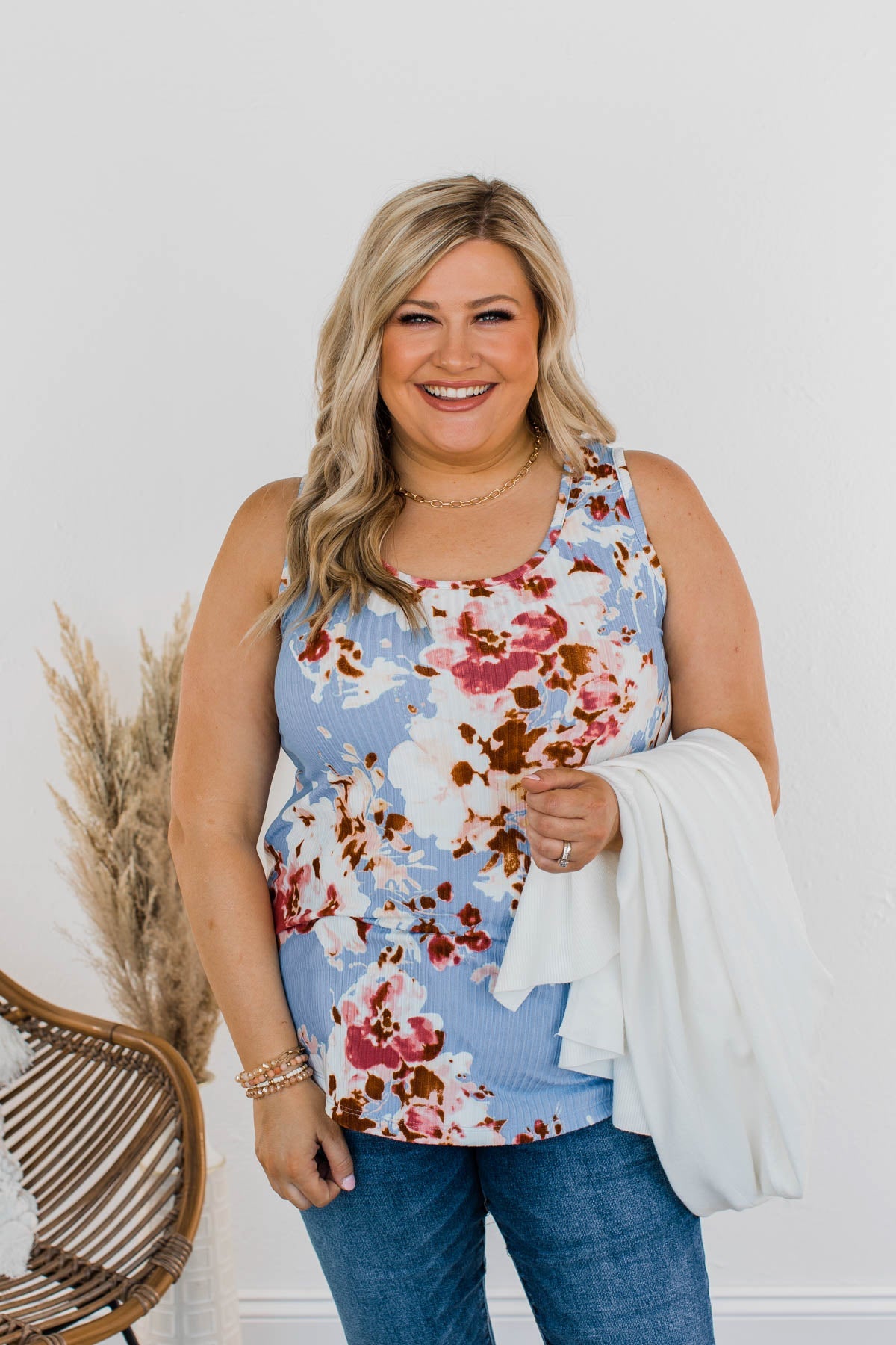 Dance On The Beach Ribbed Floral Tank- Blue
