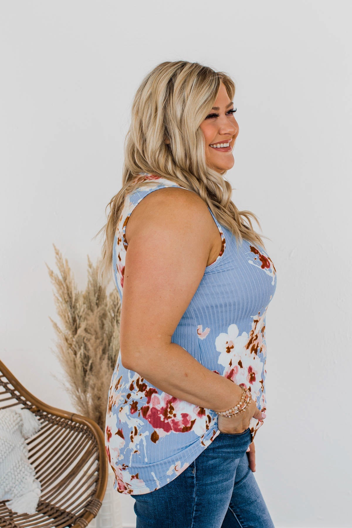 Dance On The Beach Ribbed Floral Tank- Blue