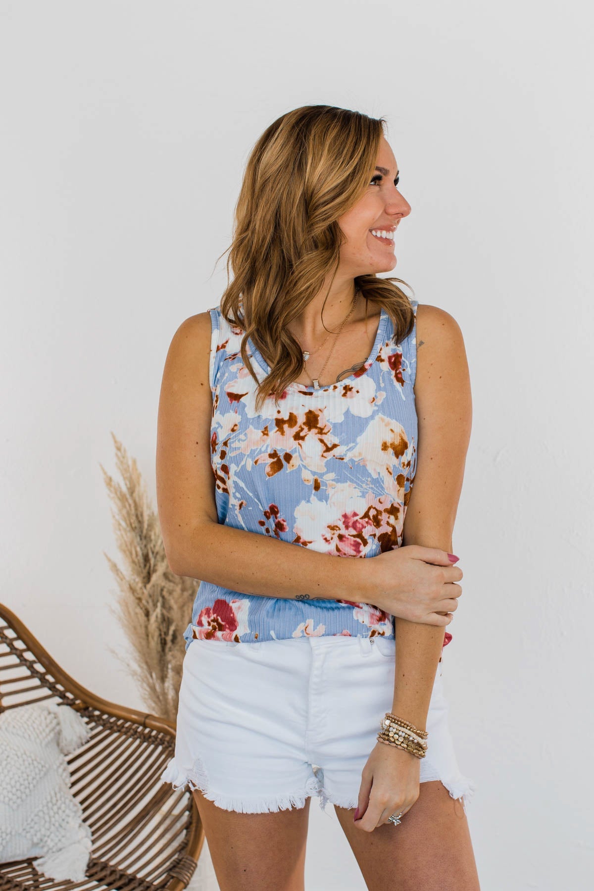 Dance On The Beach Ribbed Floral Tank- Blue