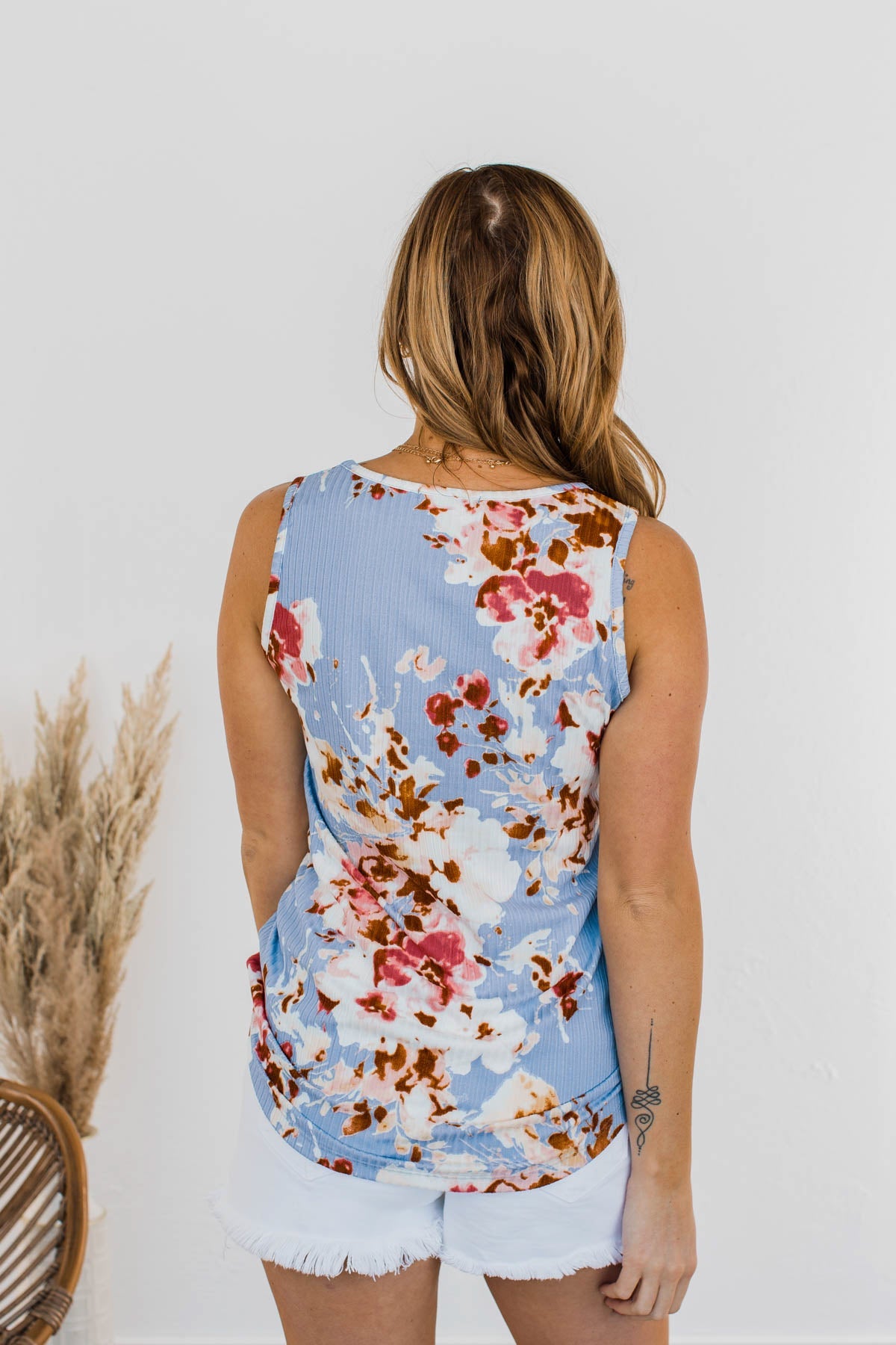 Dance On The Beach Ribbed Floral Tank- Blue