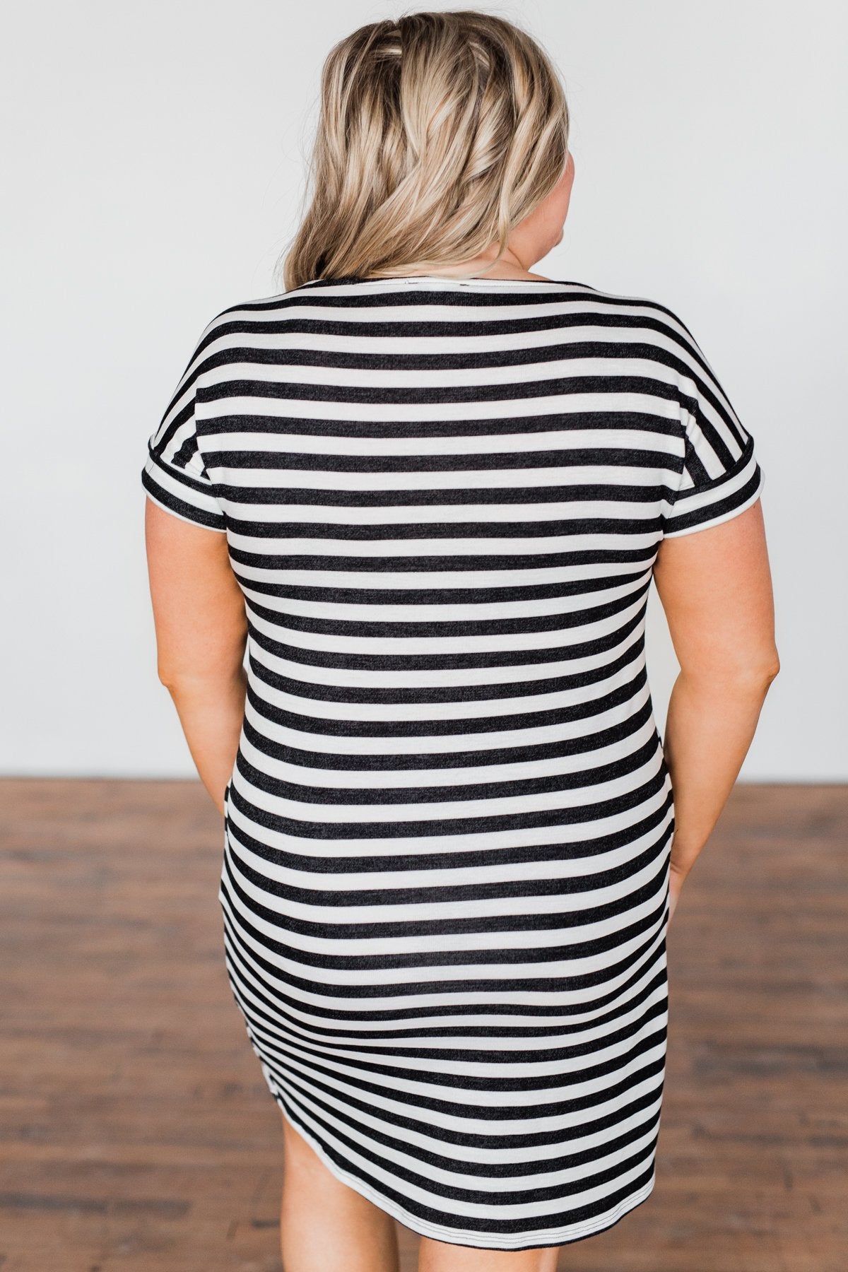 Striped Pocket T-Shirt Dress- Black & Off White