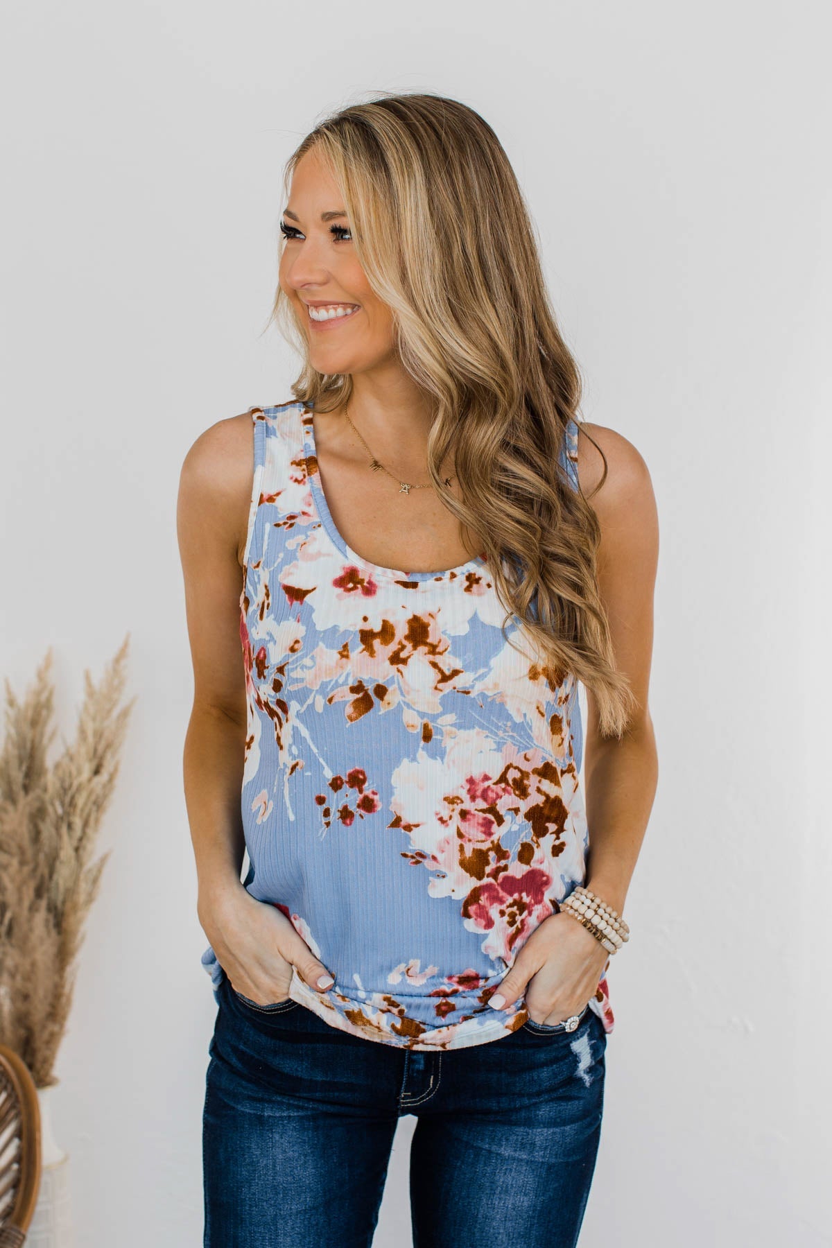 Dance On The Beach Ribbed Floral Tank- Blue