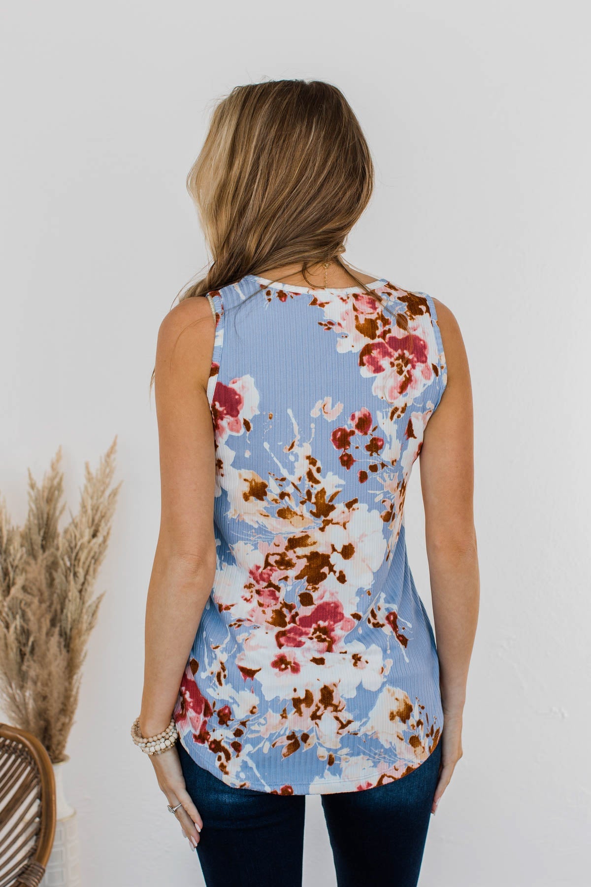 Dance On The Beach Ribbed Floral Tank- Blue