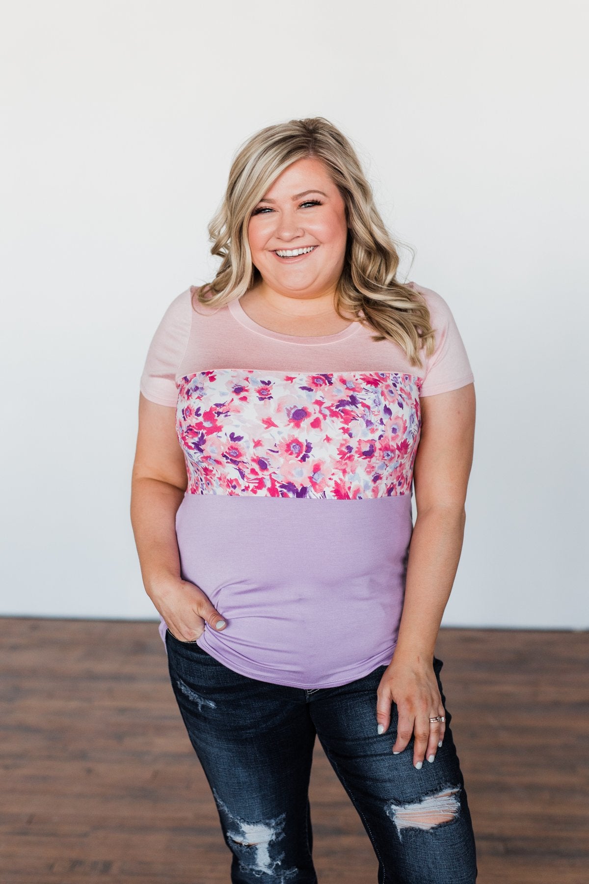 Floral Fragrances Color Block Top- Pink & Purple