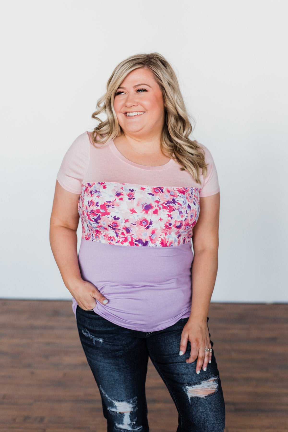 Floral Fragrances Color Block Top- Pink & Purple