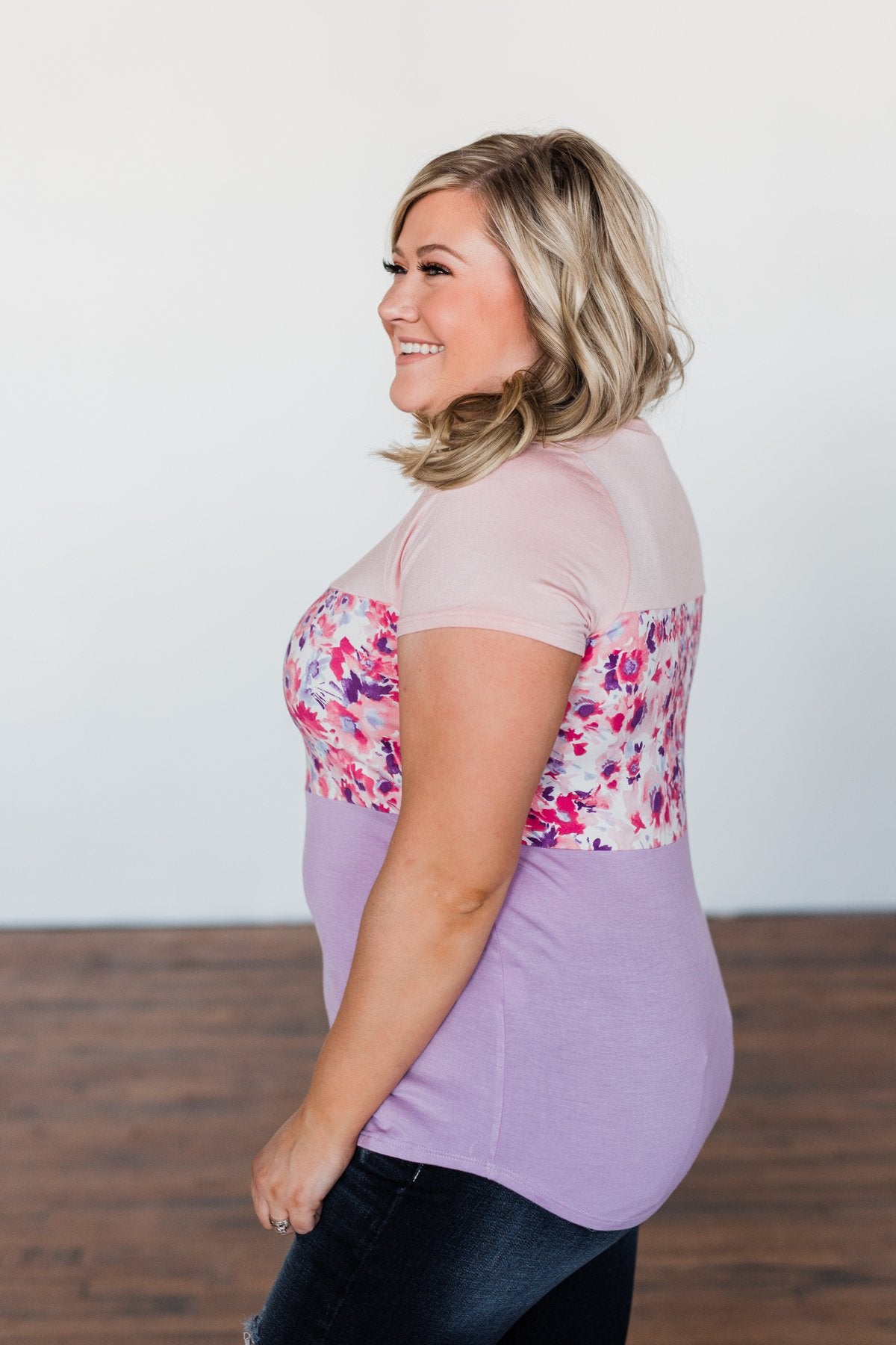 Floral Fragrances Color Block Top- Pink & Purple