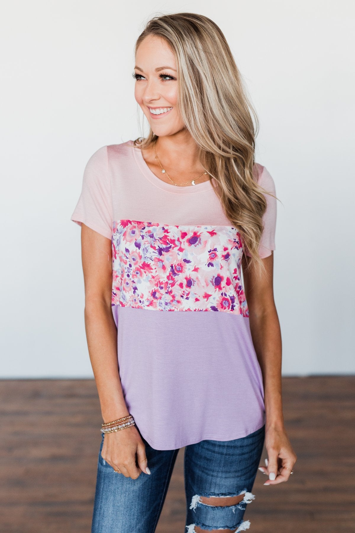 Floral Fragrances Color Block Top- Pink & Purple