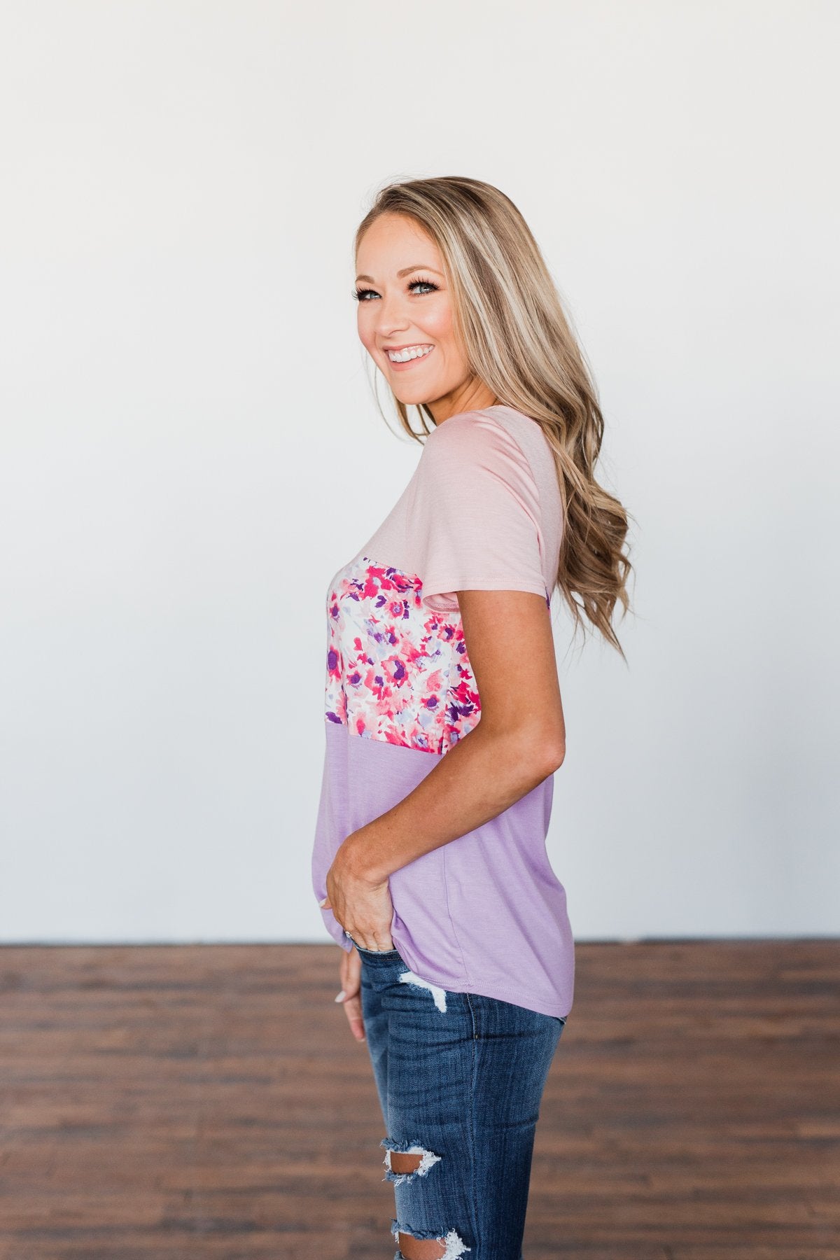 Floral Fragrances Color Block Top- Pink & Purple