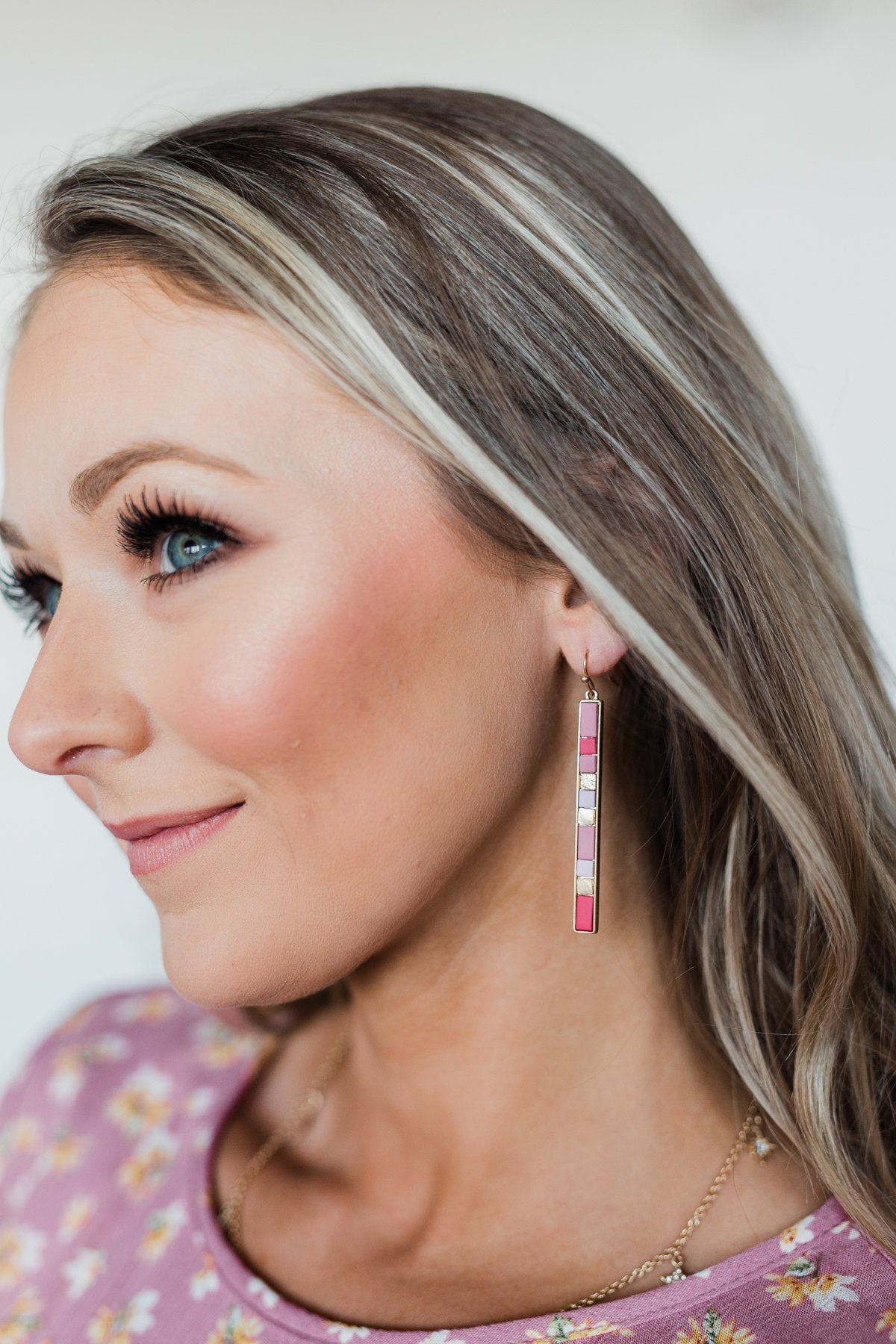 Colorful Bar Gold Earrings- Pink Tones