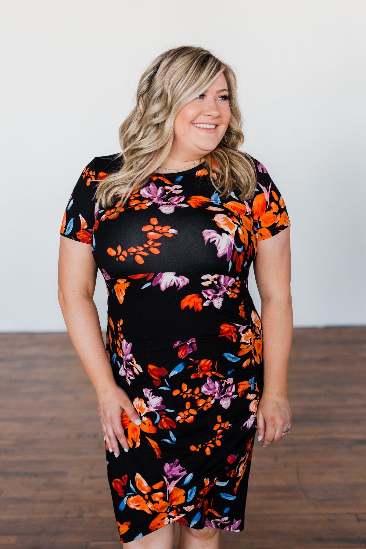 Evening Oasis Floral Cinched Dress- Black & Orange Evening Oasis Floral Cinched Dress- Black & Orange
