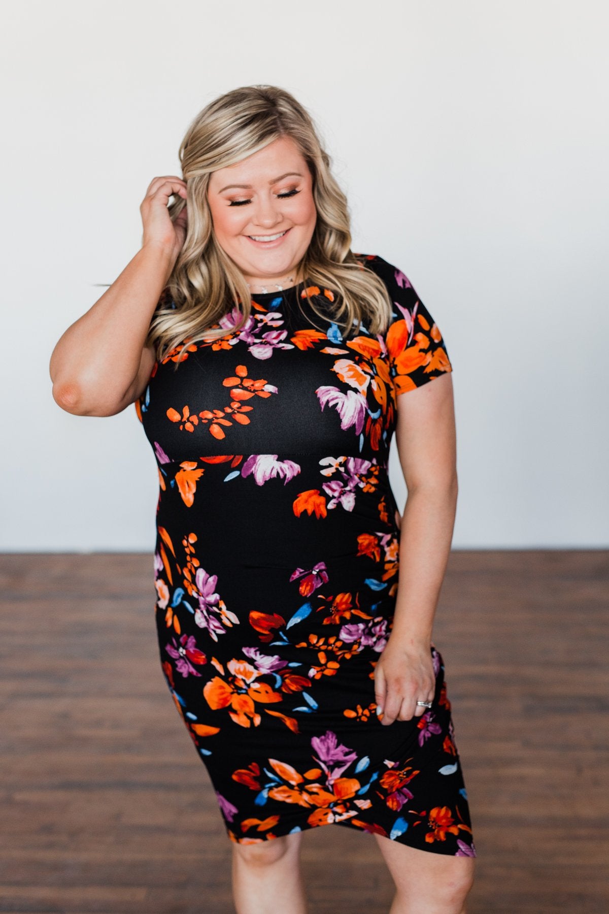 Evening Oasis Floral Cinched Dress- Black & Orange