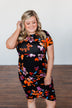 Evening Oasis Floral Cinched Dress- Black & Orange