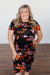 Evening Oasis Floral Cinched Dress- Black & Orange