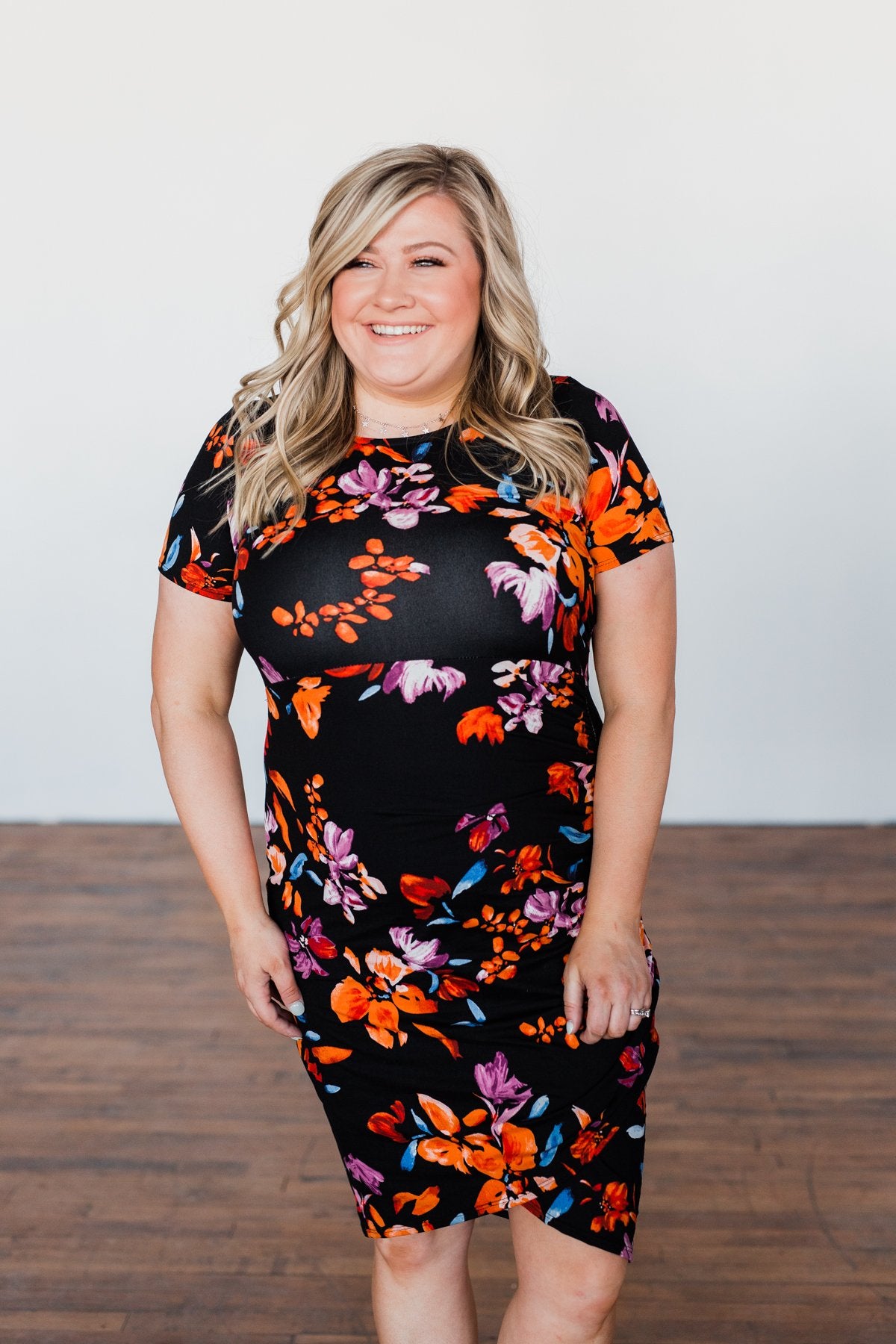Evening Oasis Floral Cinched Dress- Black & Orange