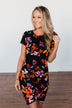 Evening Oasis Floral Cinched Dress- Black & Orange