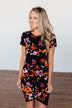 Evening Oasis Floral Cinched Dress- Black & Orange