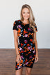 Evening Oasis Floral Cinched Dress- Black & Orange