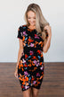 Evening Oasis Floral Cinched Dress- Black & Orange
