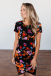 Evening Oasis Floral Cinched Dress- Black & Orange
