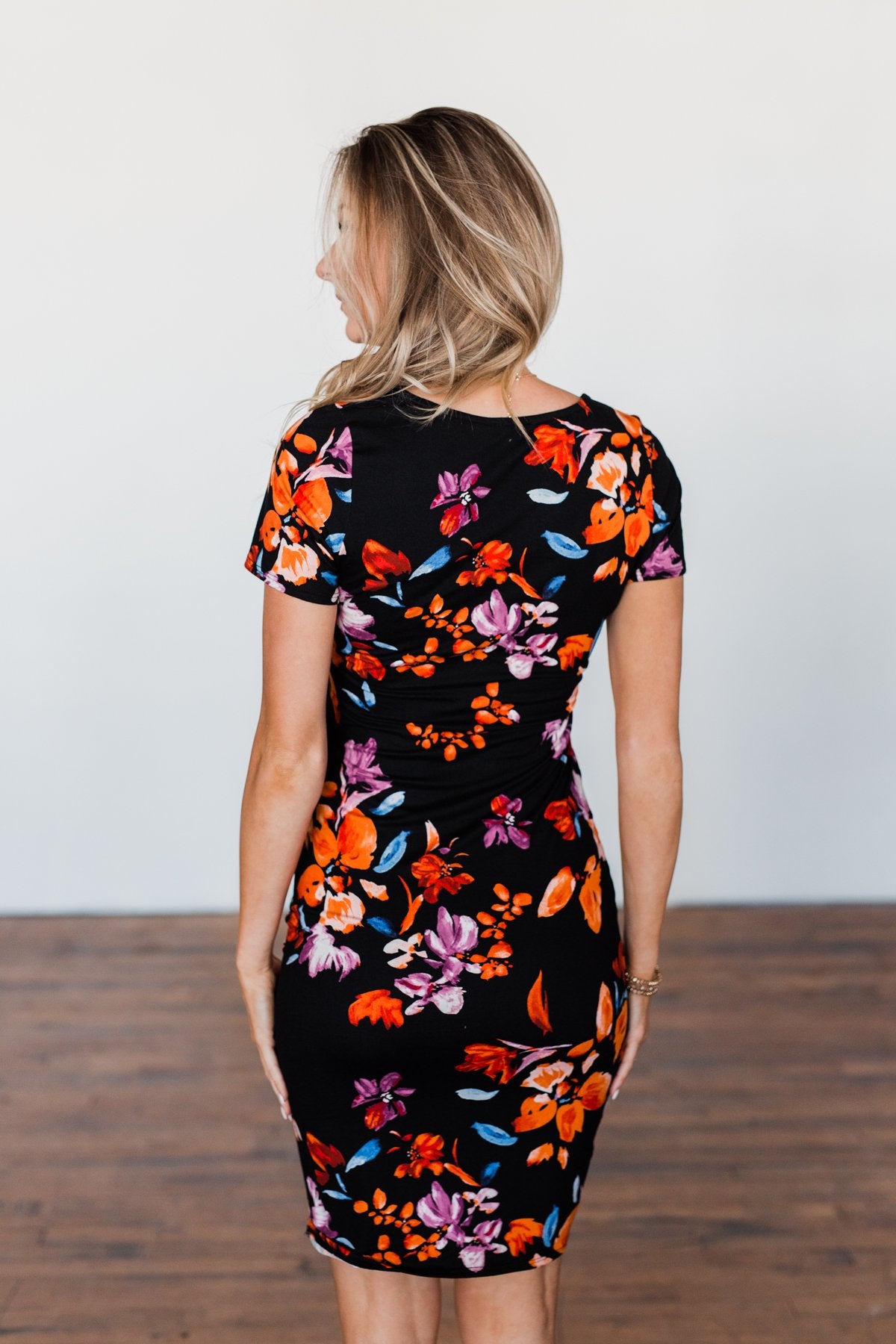 Evening Oasis Floral Cinched Dress- Black & Orange