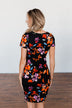Evening Oasis Floral Cinched Dress- Black & Orange