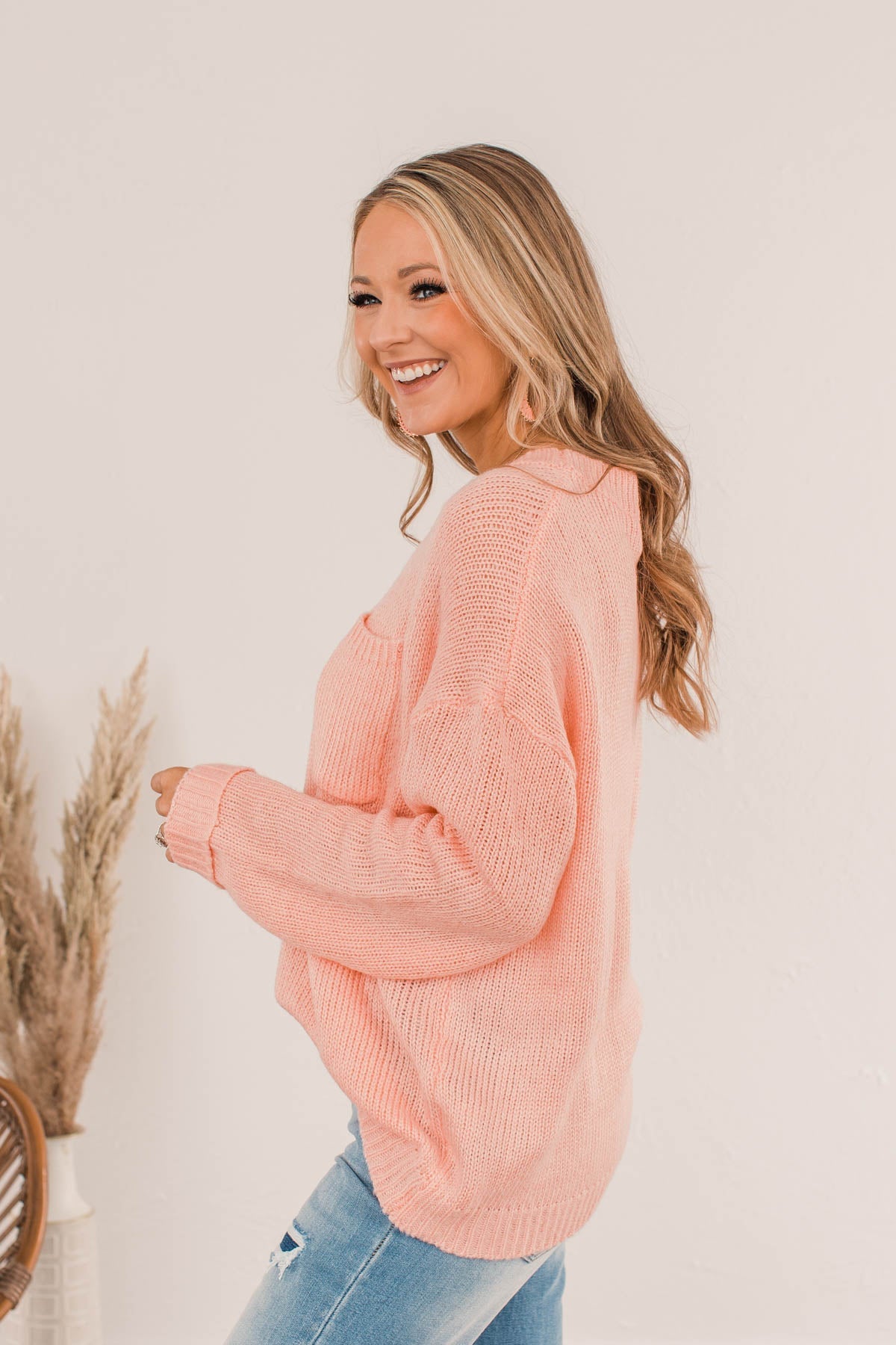 Endlessly Cozy Knit Pocket Sweater- Light Pink