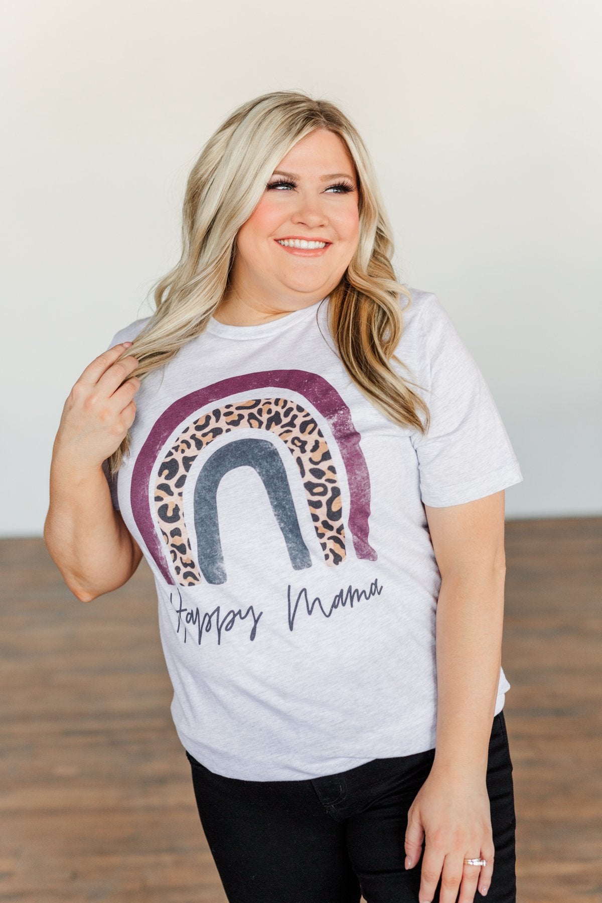 "Happy Mama" Rainbow Graphic Tee- Light Heather Grey