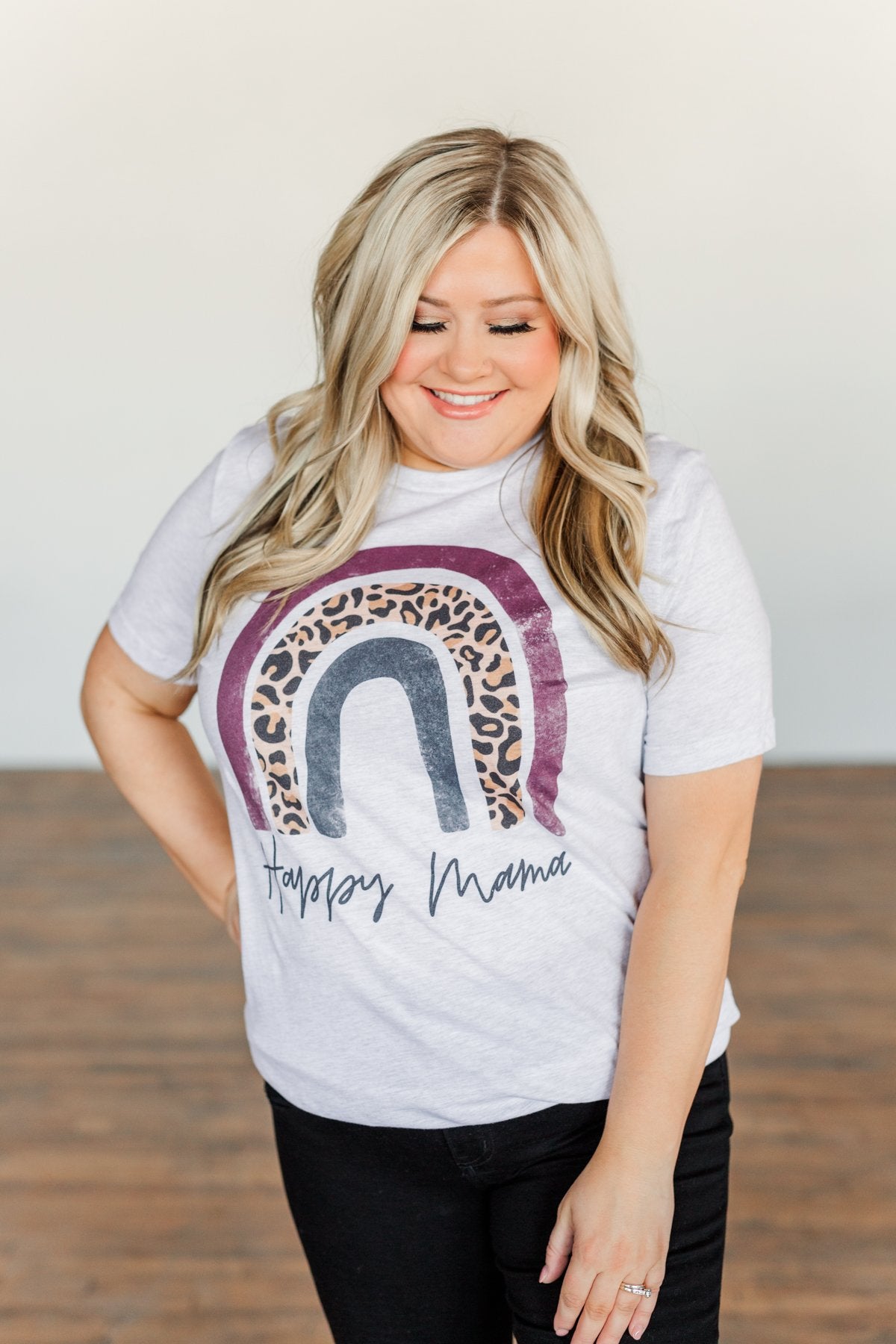 "Happy Mama" Rainbow Graphic Tee- Light Heather Grey