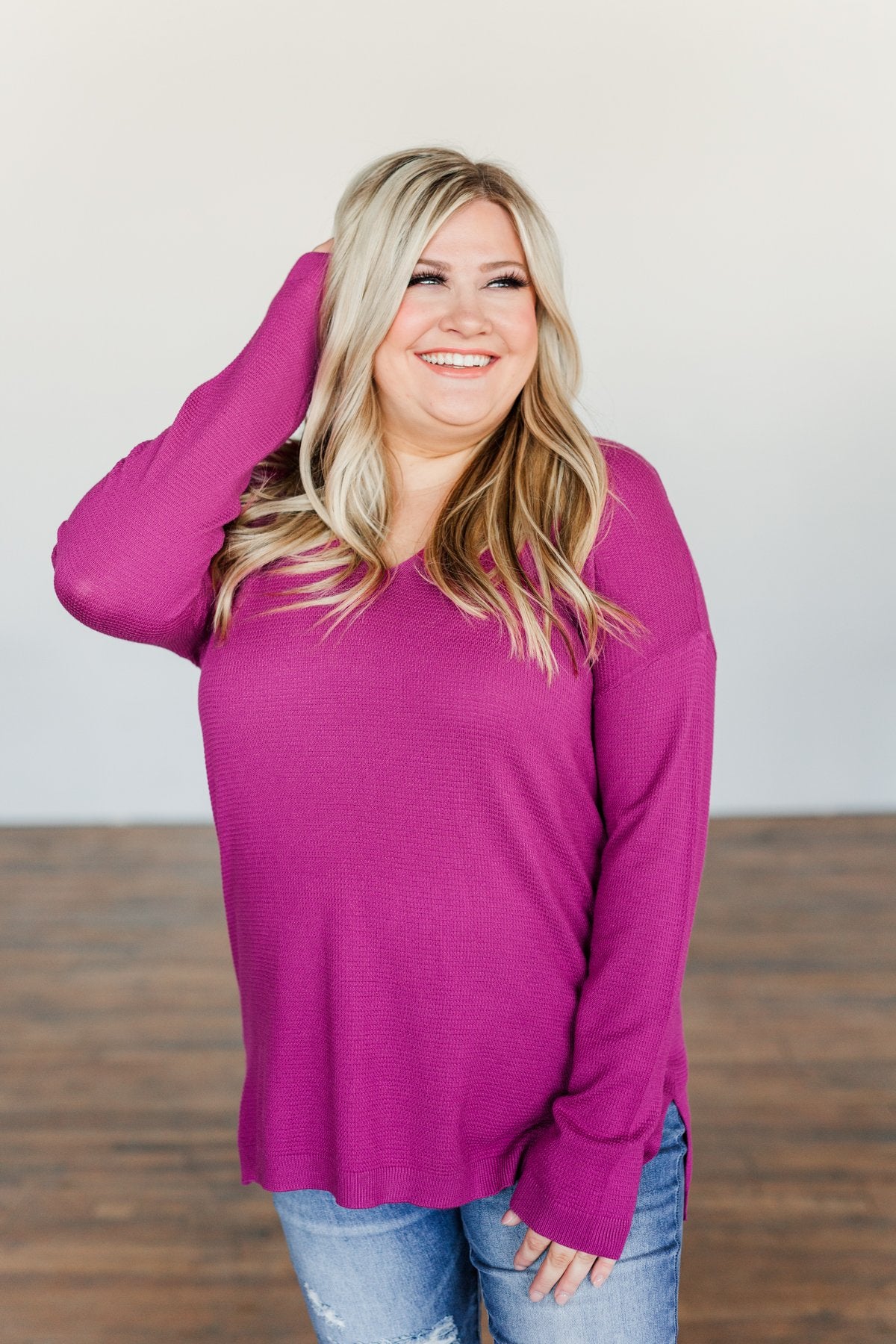 Life In Full Bloom V-Neck Knit Top- Magenta