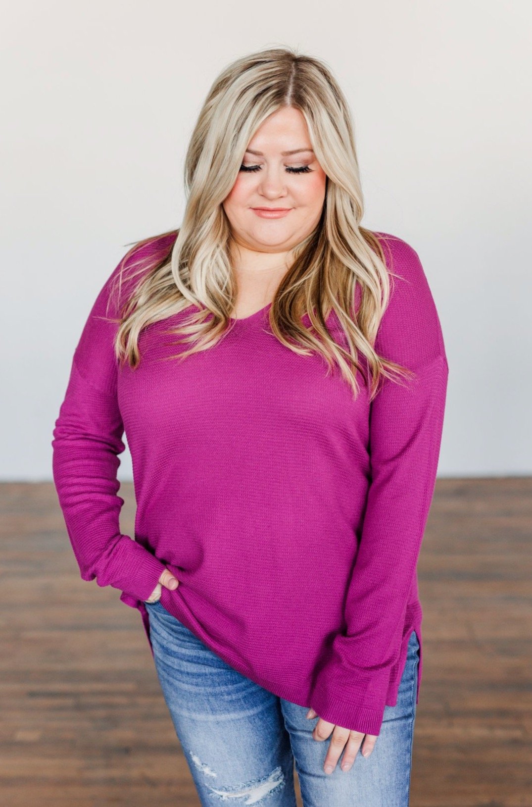 Life In Full Bloom V-Neck Knit Top- Magenta