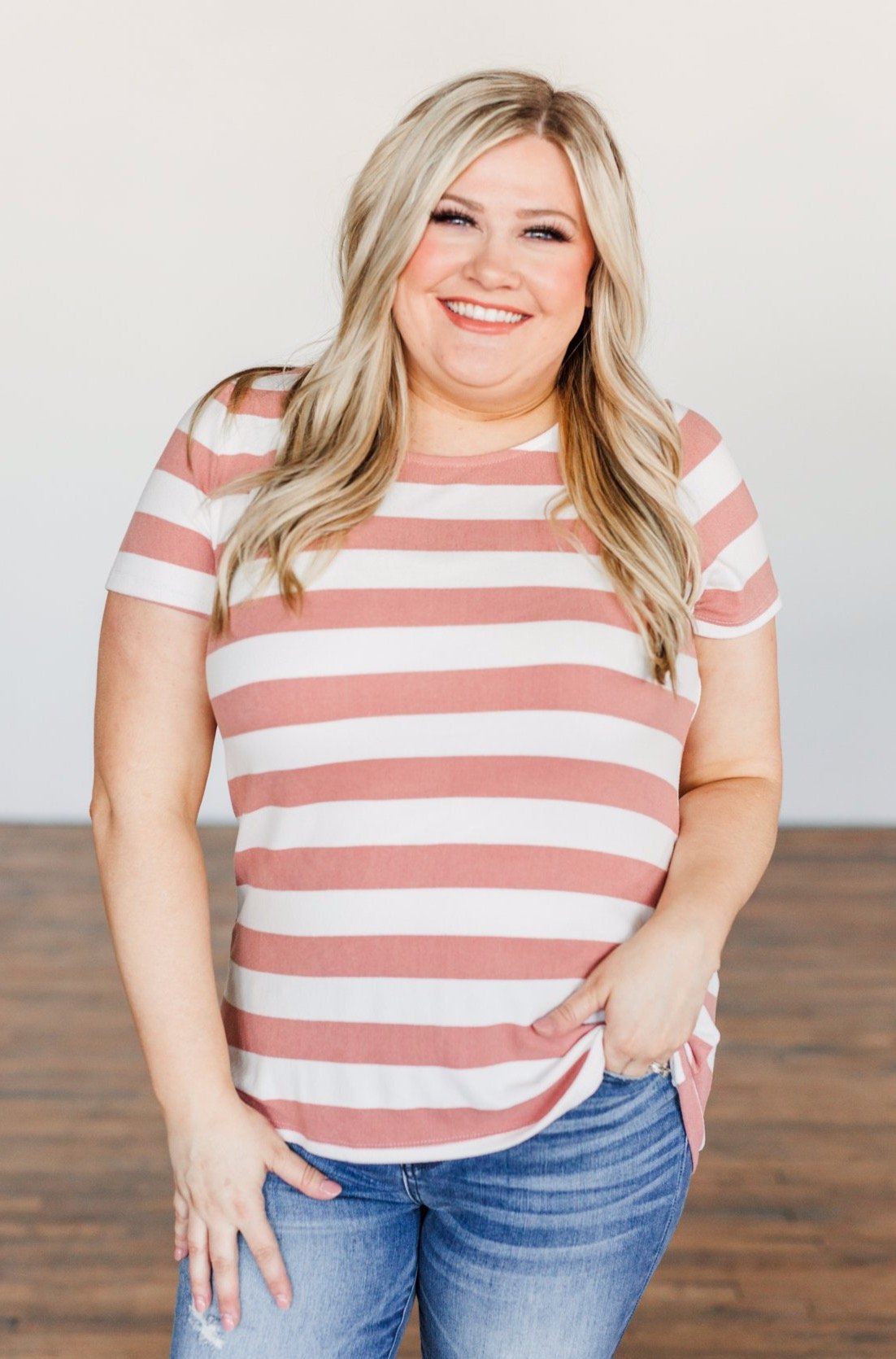 Paradise Awaits Striped Tee- Ivory & Dusty Peach