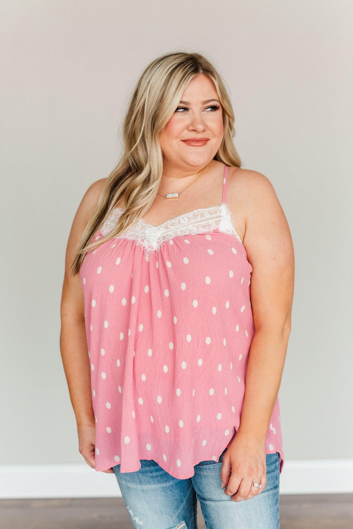 Morning Melodies Polka-Dot Tank Top- Pink & Off-White
