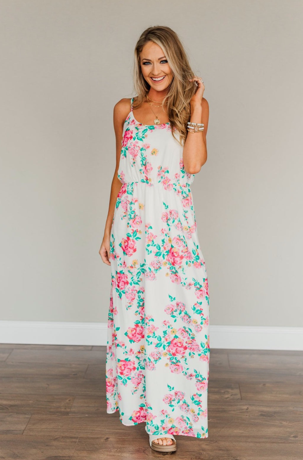 Committing To Forever Floral Maxi Dress- Ivory & Pink Committing To Forever Floral Maxi Dress- Ivory & Pink